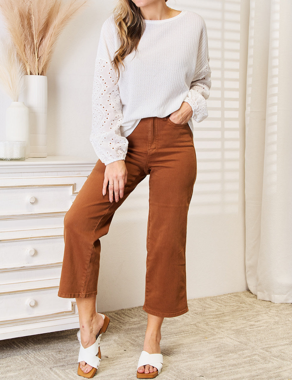 Eyelet Dropped Shoulder Round Neck Blouse