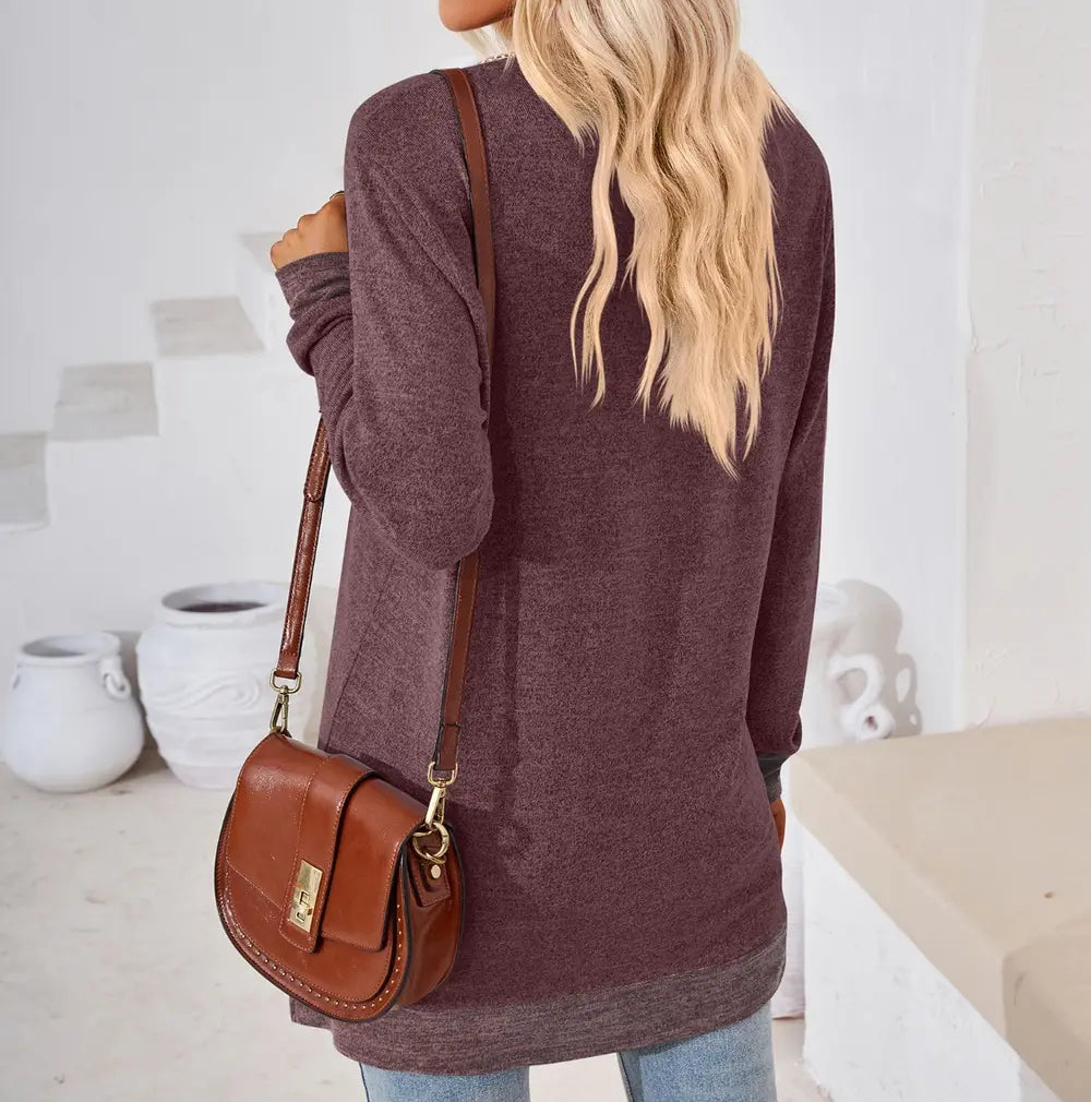 Crochet Contrast V-Neck Long Sleeve Slit T-Shirt