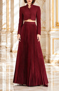 Button Up Long Sleeve Cropped Jacket Top and Pleated Skirt Set