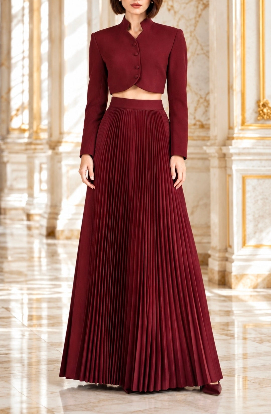 Button Up Long Sleeve Cropped Jacket Top and Pleated Skirt Set