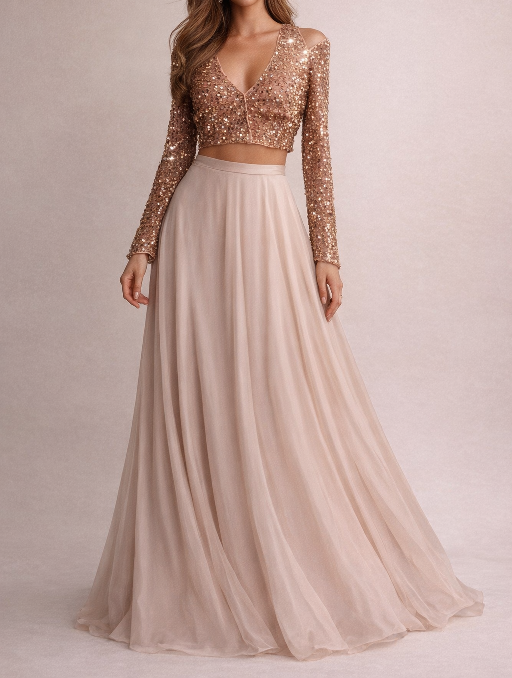Golden Sequin Blouse and Skirt Set