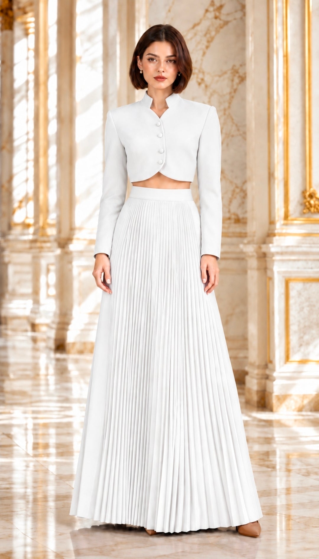 Button Up Long Sleeve Cropped Jacket Top and Pleated Skirt Set