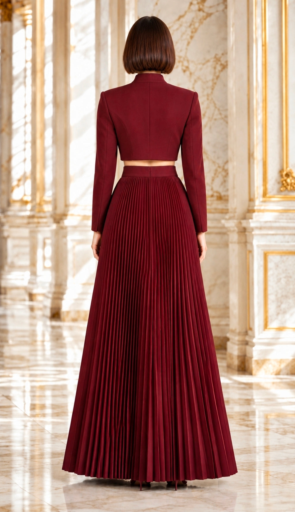 Button Up Long Sleeve Cropped Jacket Top and Pleated Skirt Set