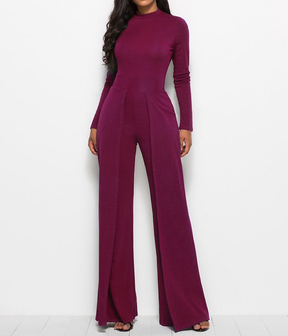 Long Sleeve Mock Neck Wide Leg Jumpsuit