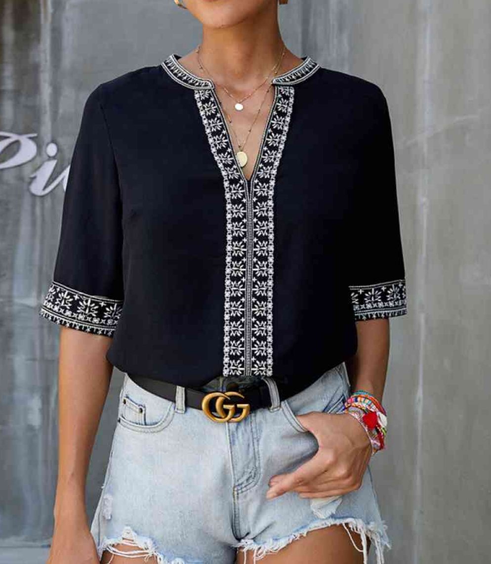 Embroidery V Neck Top