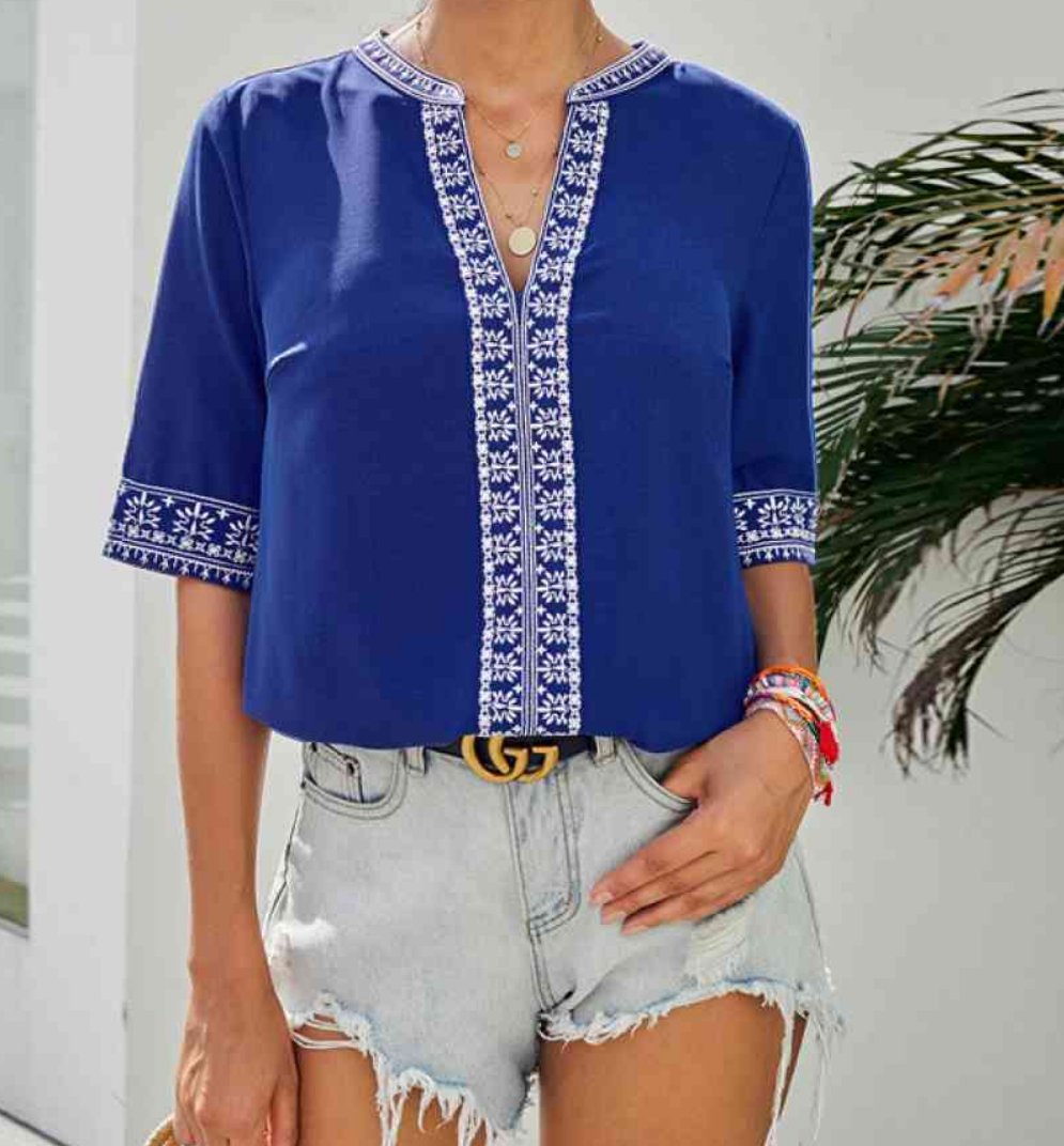 Embroidery V Neck Top