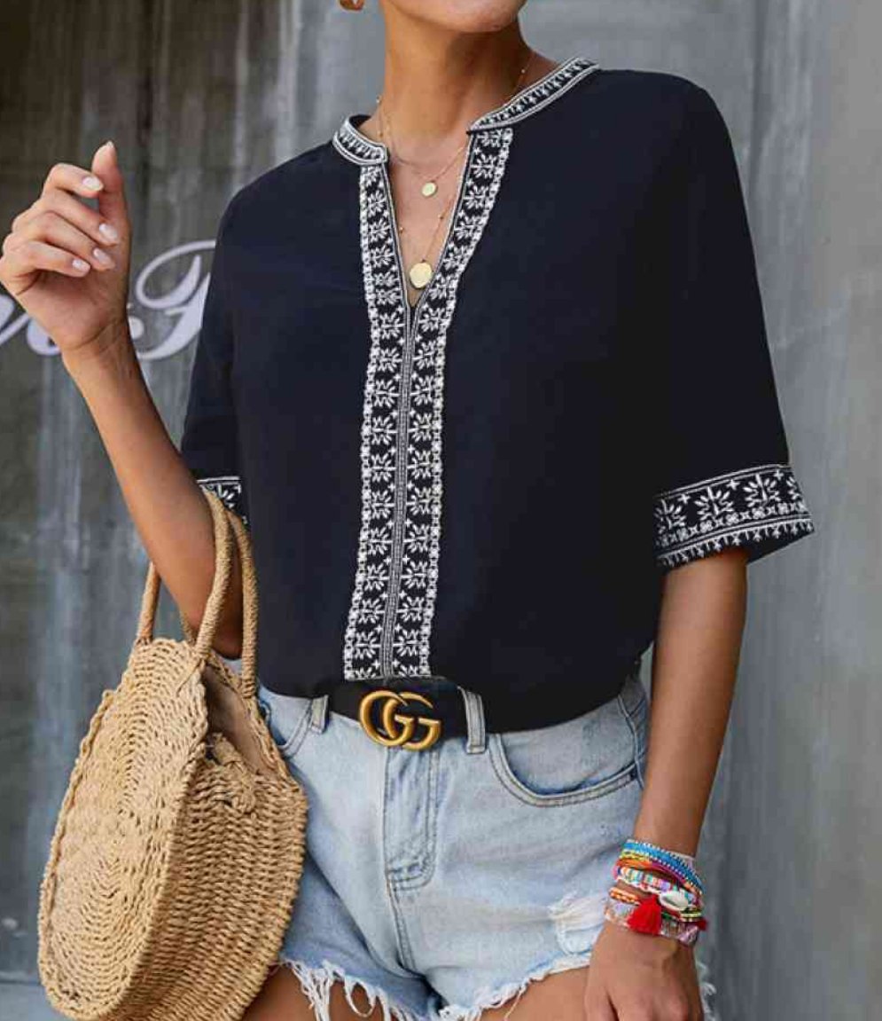 Embroidery V Neck Top