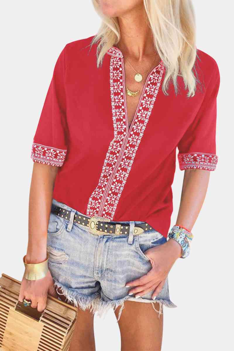 Embroidery V Neck Top