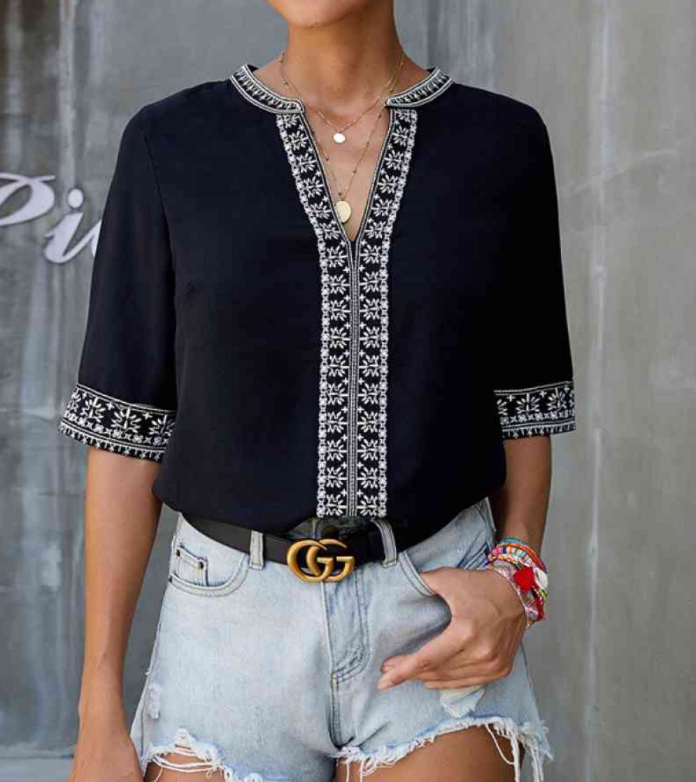 Embroidery V Neck Top
