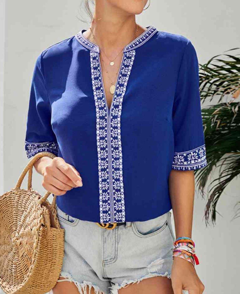 Embroidery V Neck Top