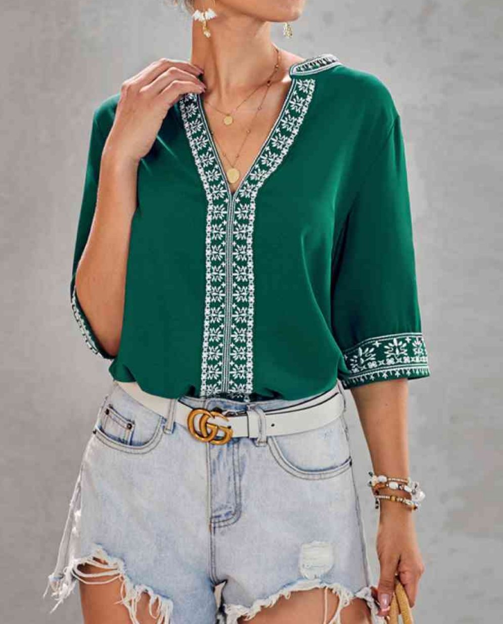 Embroidery V Neck Top