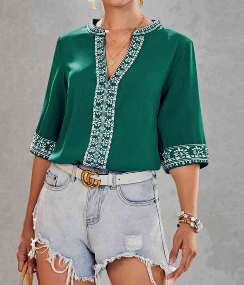 Embroidery V Neck Top